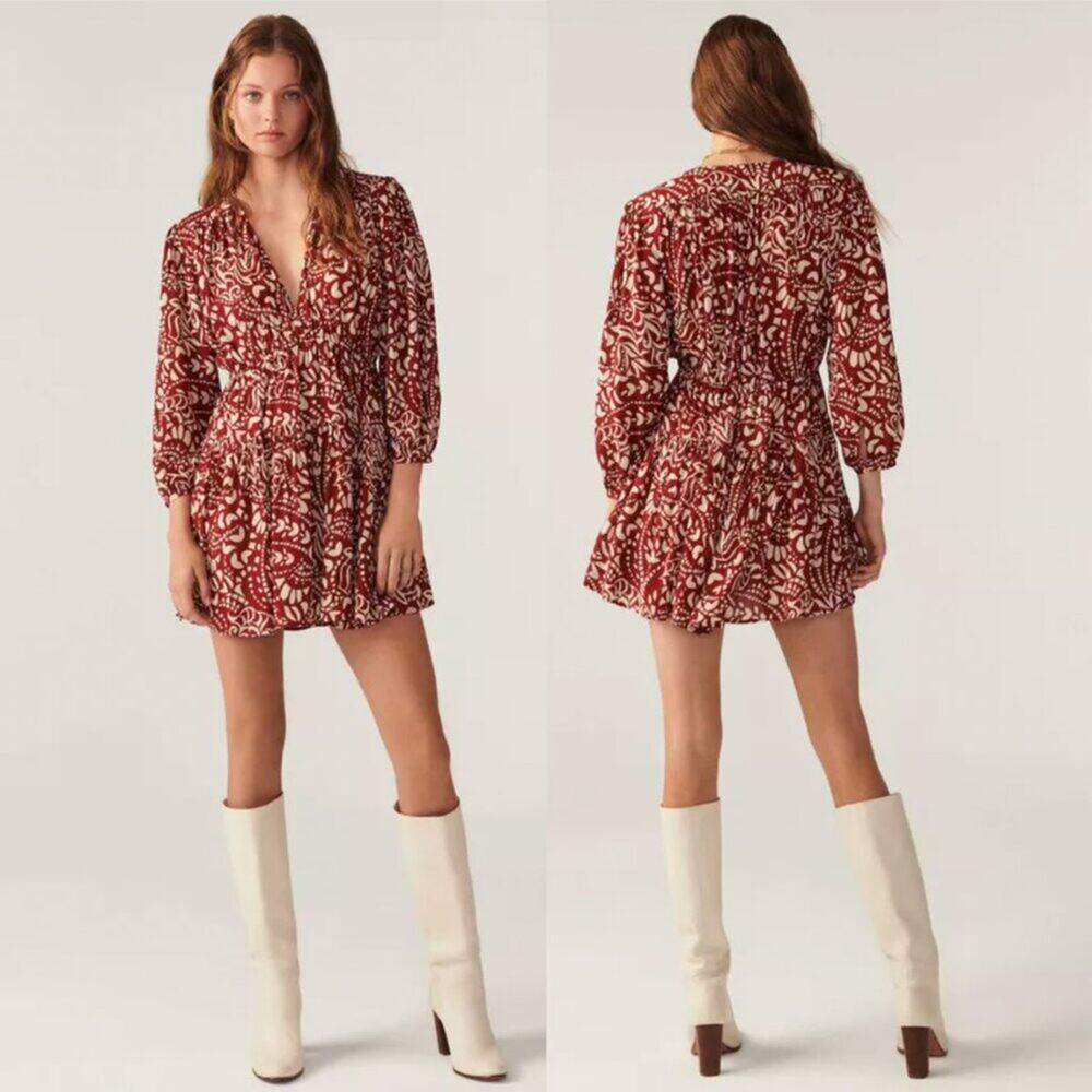 BA&SH Kimy Red & Cream Printed Mini Dress